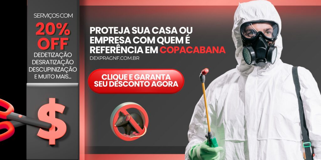 Profissional de dedetizadora aplicando produto em ambiente, ao lado da oferta de 20% de desconto para serviços de dedetização, desratização e descupinização em Copacabana. Imagem destaca atendimento especializado da Dexprag, referência no bairro.