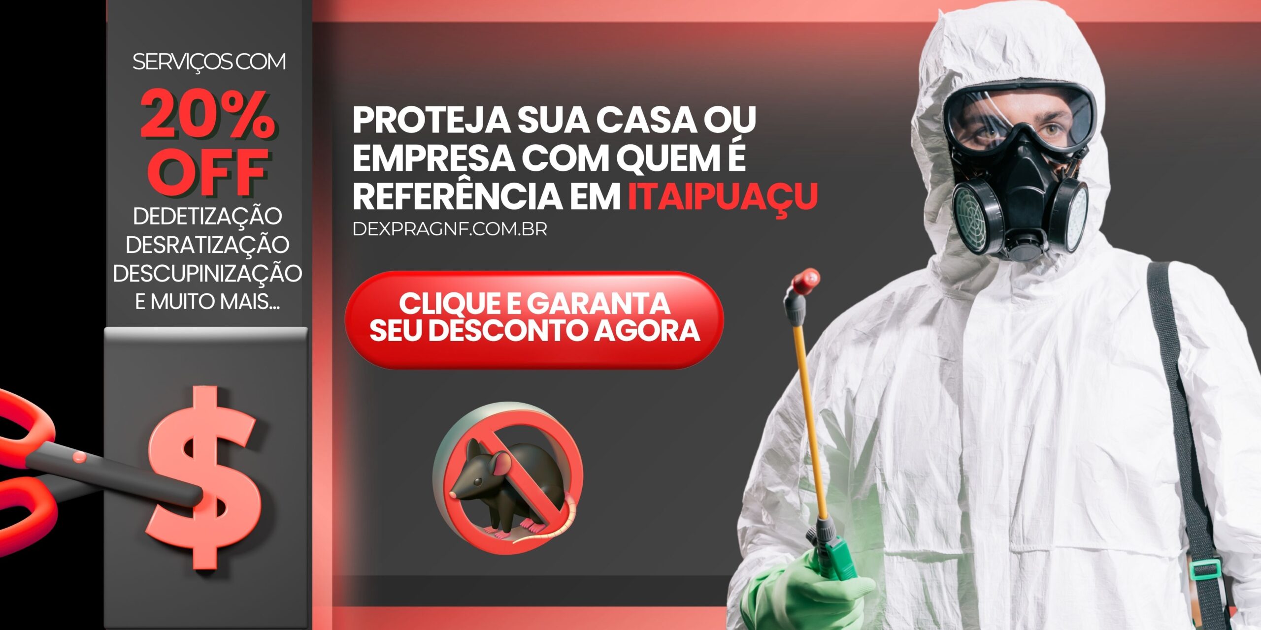 Profissional da Dexprag, dedetizadora em Itaipuaçu, com oferta de 20% de desconto para controle de pragas.
