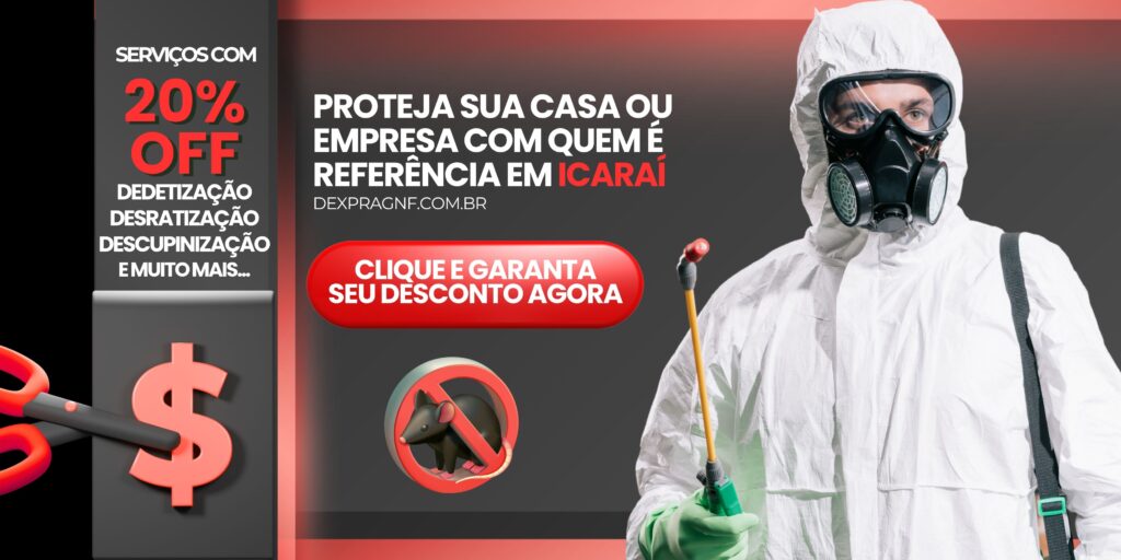 Arte promocional de dedetizadora em Icaraí oferecendo 20% de desconto em serviços como dedetização, desratização e descupinização. Na imagem, profissional equipado com EPI e máscara de segurança, botões de chamada para ação, ícone de proibição de ratos e destaque para atendimento especializado em Icaraí.