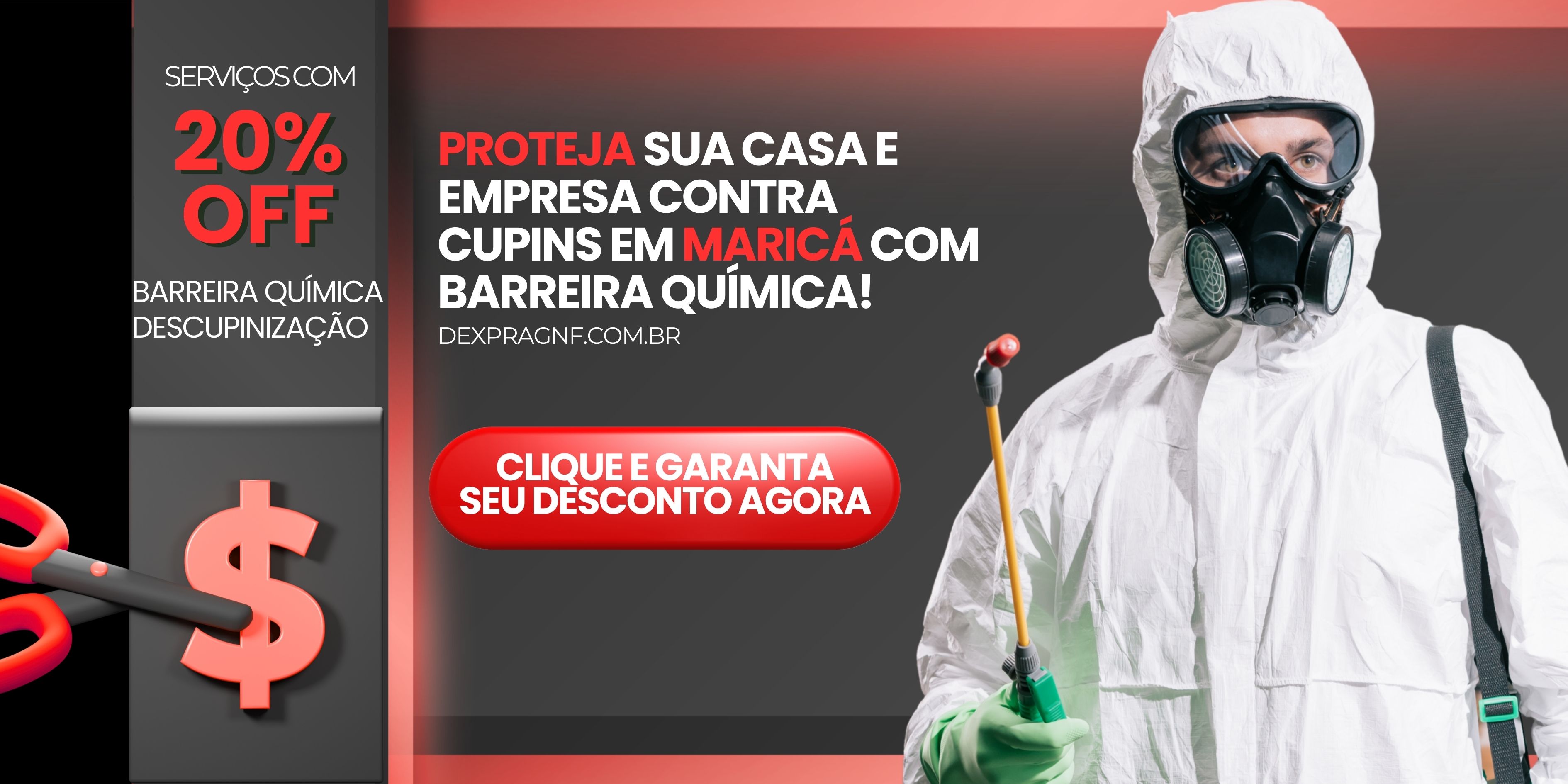 Banner promocional da Dexprag para descupinização em Maricá com 20% de desconto.