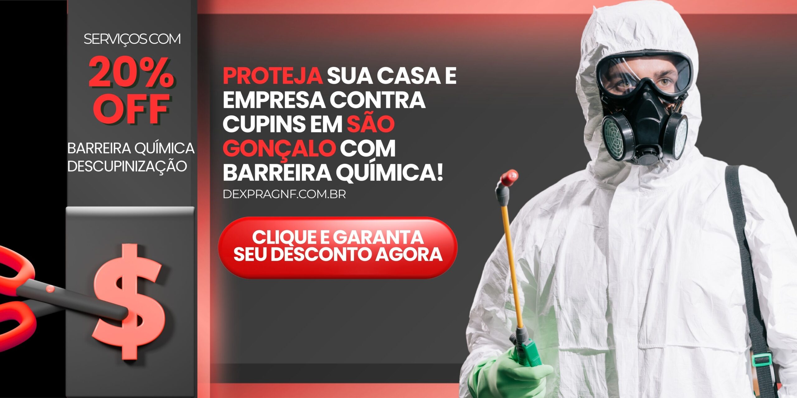 Banner promocional da Dexprag para descupinização em São Gonçalo com 20% de desconto.