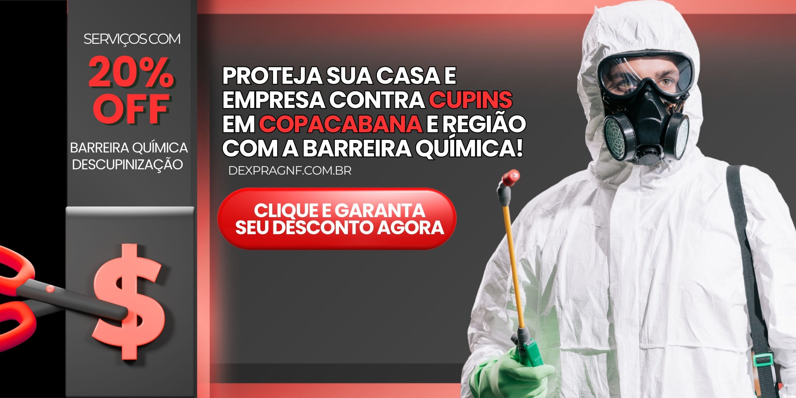 Banner promocional da Dexprag para descupinização em Copacabana com 20% de desconto.