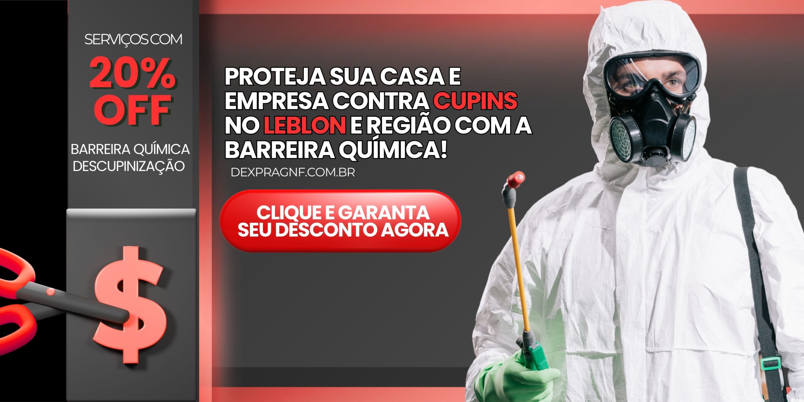 Banner promocional da Dexprag para descupinização no Leblon com 20% de desconto.