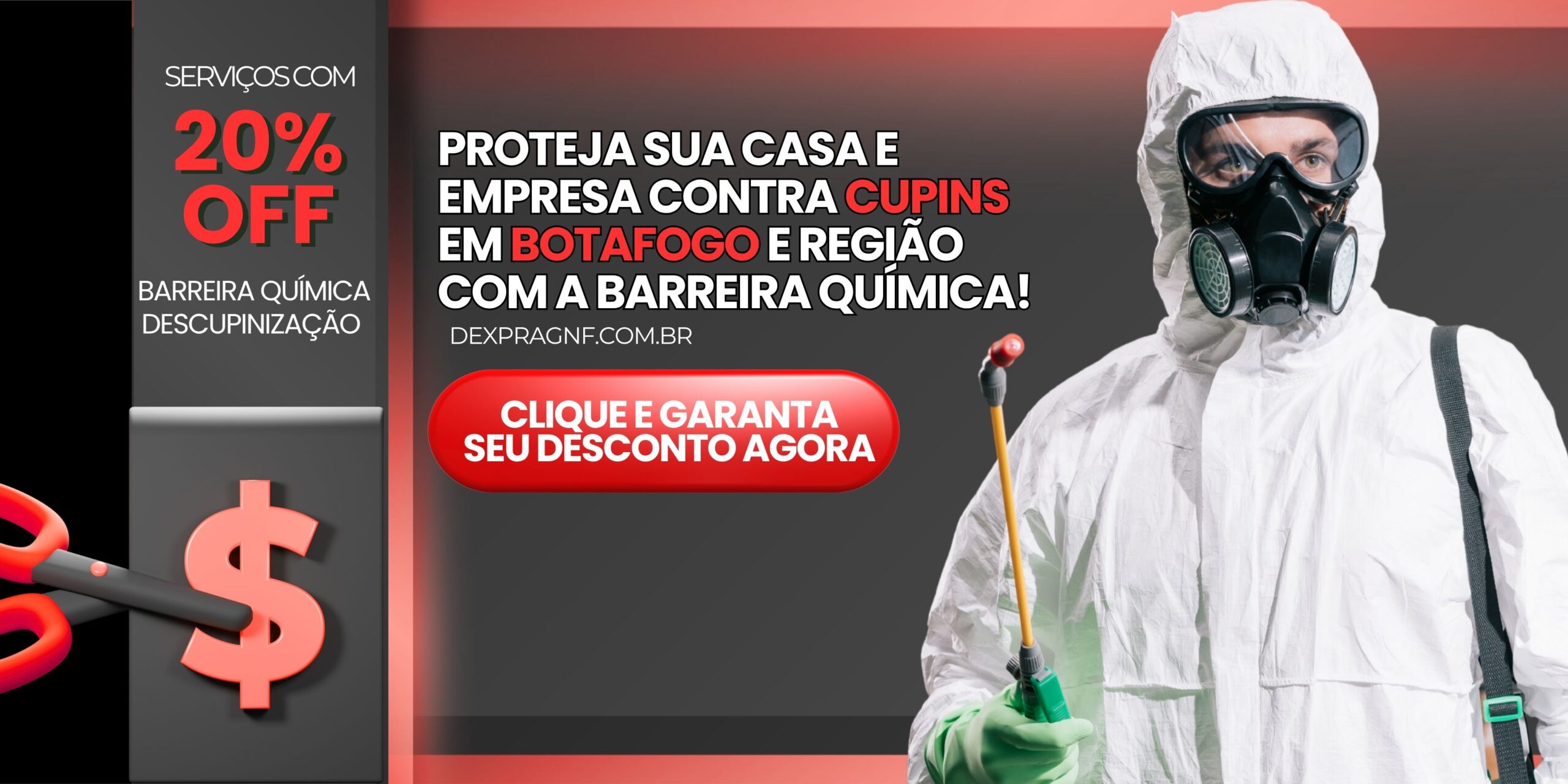 Banner promocional da Dexprag para descupinização em Botafogo com 20% de desconto.