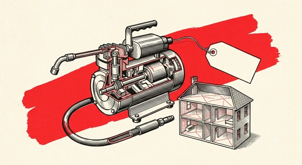Ilustração técnica de compressor de dedetização em corte ao lado de uma casa em corte com etiqueta de preço vazia