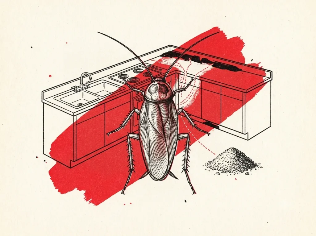 Ilustração científica de barata americana sobre bancada de cozinha com esconderijos marcados em pontilhado